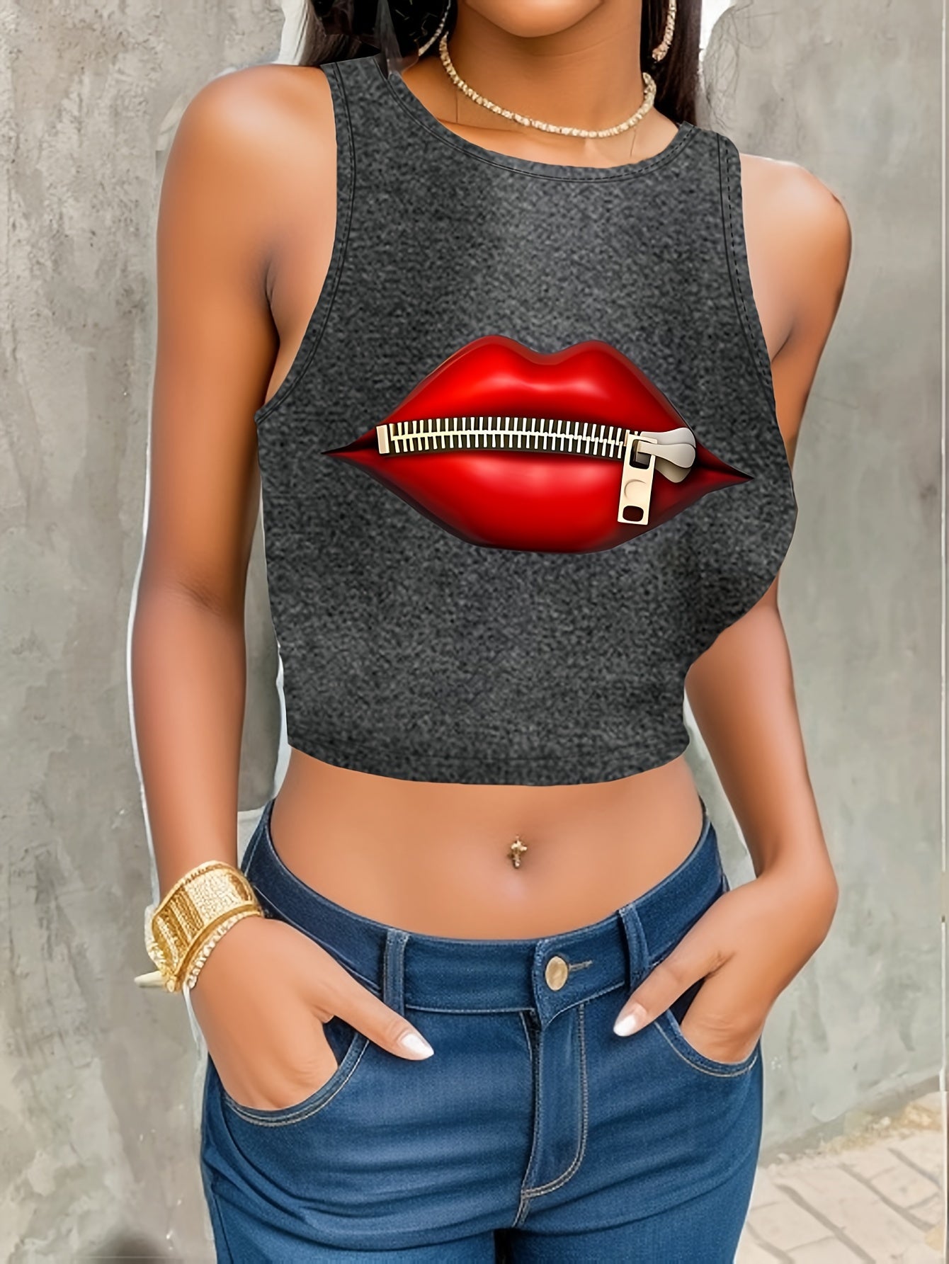 Valentine's Day Red Lip Print Round Neck High Elastic Tight Fit Print Short Top with Navel Exposed Women's Casual Sports Shirt